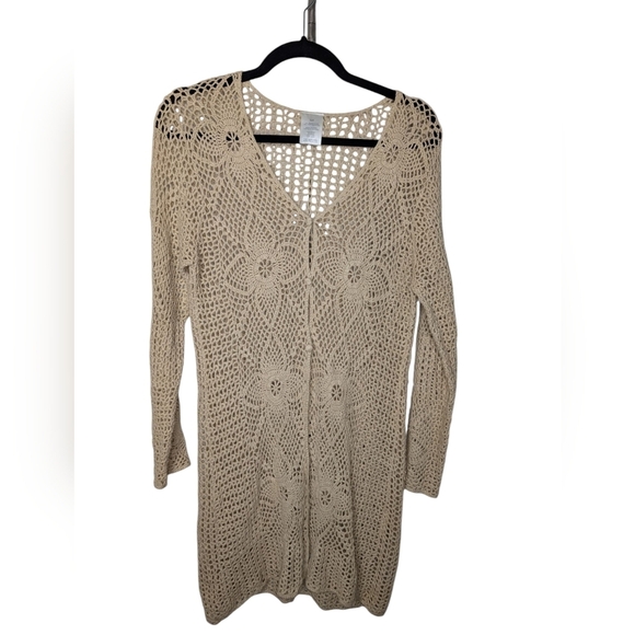Beige Crochet Long Line Cardigan Vintage Y2K sz S - Picture 1 of 4
